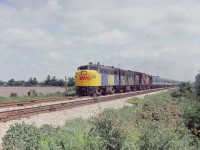 A wonderful sight, never to be seen again. Somewhere just west of Chatham, VIA 6790 is hustling westward. A wonderful quartet of MLW's. A FPA-4, FPB-4 and two RS-18's including the Tempo paint scheme. Sorry I don't have the exact date nor what train number.
