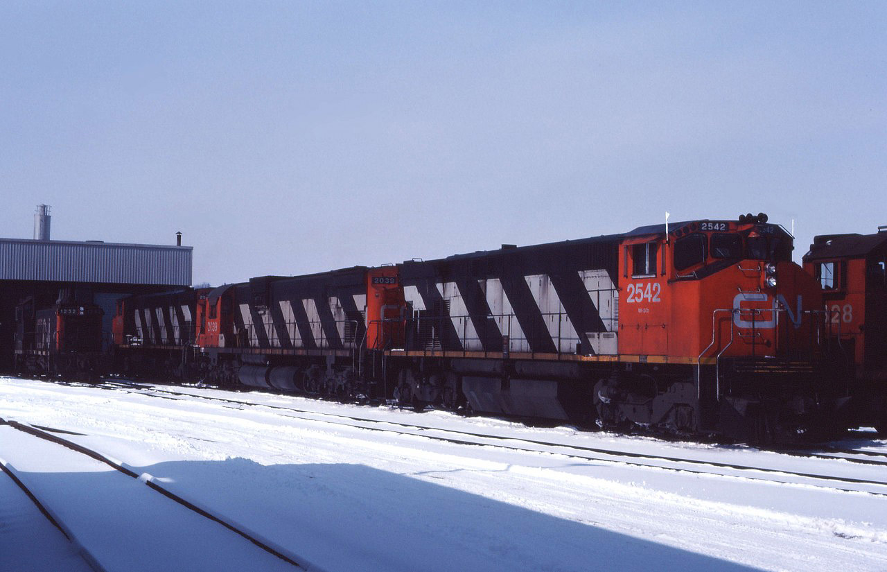 While often associated with Quebec and the Maritime provinces, MLW/Bombardier power was also common in Ontario. Here we see M420W 2542, C630m 2039, and another M420W resting at the Stuart Street diesel shop, awaiting their next run (likely to Sarnia).