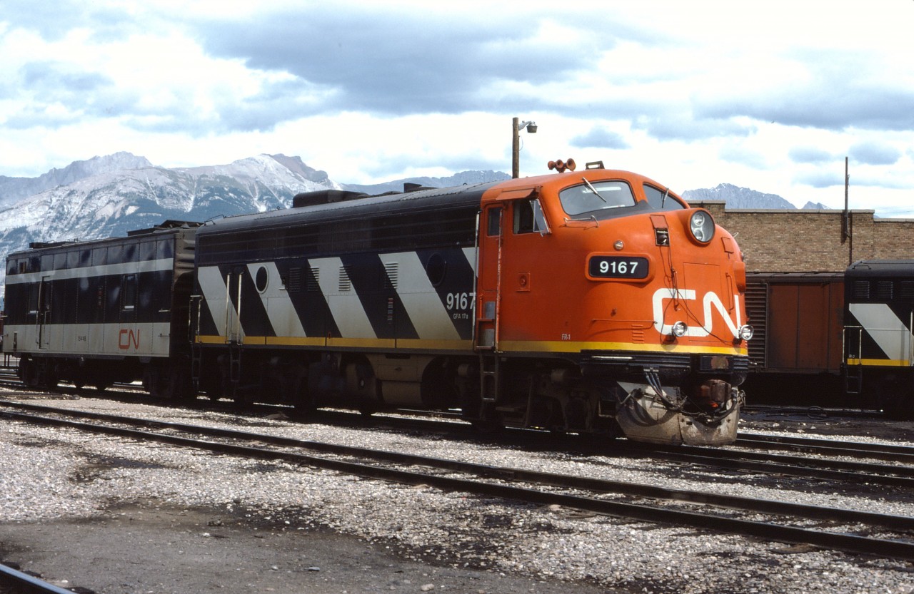 CN F7Au 9167 (rebuilt from F7A 9100 in 1972) awaits its next call to duty--most likely for Prince Rupert train No. 9--at the Jasper roundhouse.