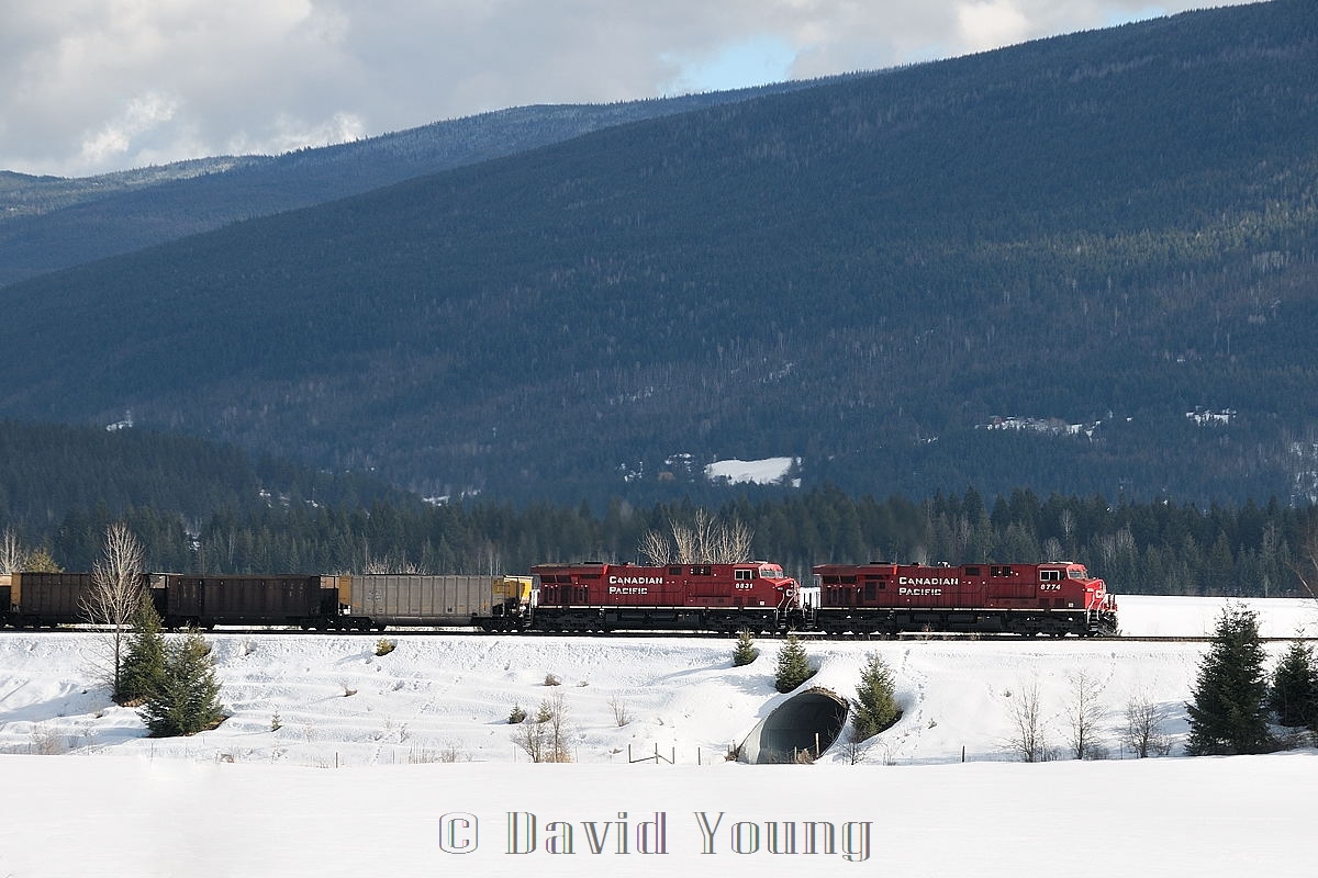 How do you make a train look small? Visit places like British Columbia! CP ES44AC's 8774 and 8831 work an aluminum set of coal loads up Notch Hill, through the open valley fields east of Sorrento, BC. Half way back another GE assists on the trains final major accent through the mountains.