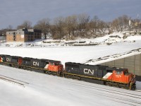 CN 149's light power (SD75I's CN 5732, CN 5742 & CN 5673) is heading east on CN's new right of way to lift cars set off by CN 121 the previous night.