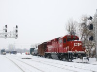 On a snowy afternoon a CP local with CP 2262 as power is setting off two transformers in CP's Lasalle Yard. They are from ABB's plant in Varennes, Qc and are destined to a Hydro-Quebec facility in Montreal.