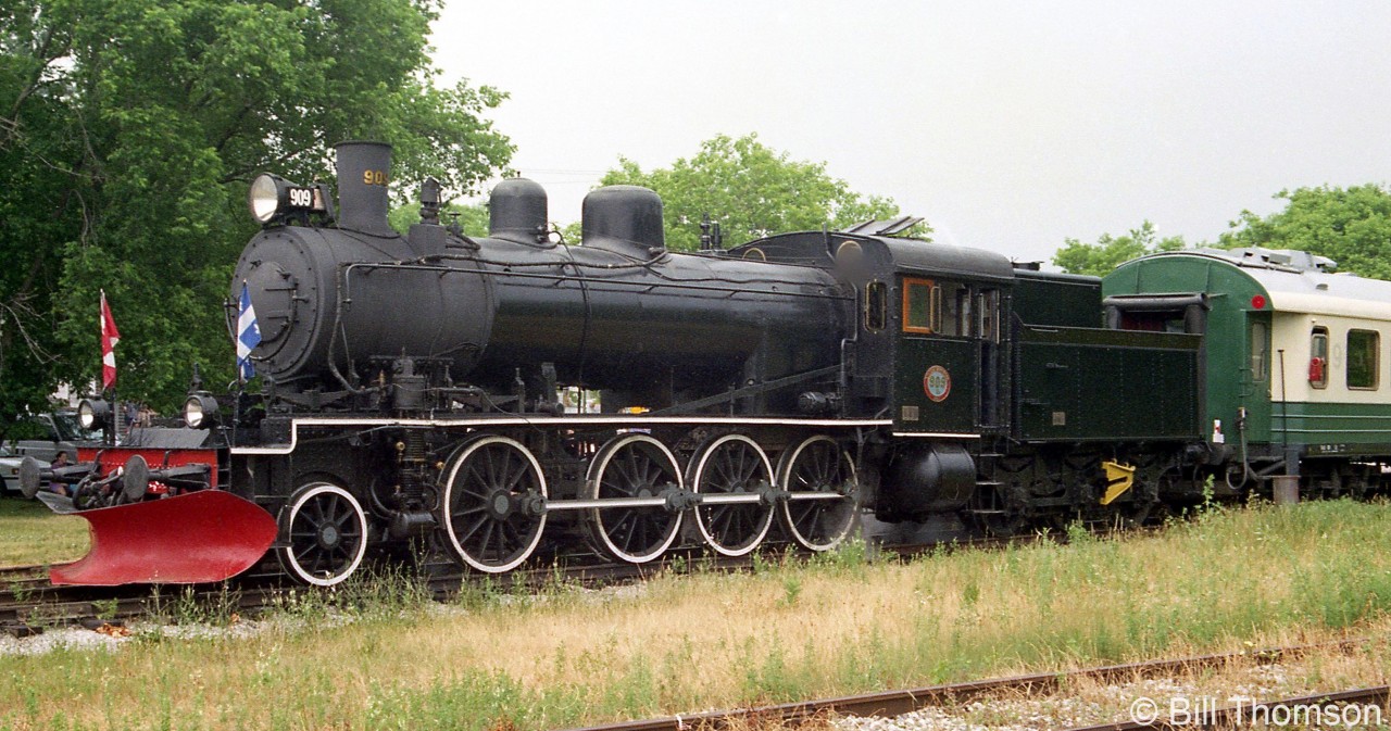 When CPR 1201 was no longer available for the Hull-Chelsea-Wakefield Railway tourist operation, a train set from Sweden was purchased in 1992 including Swedish State Railways (Statens Järnvägar) inside valve 2-8-0 locomotive #909 built in 1907, shown here at Wakefield in 1995.Operations were suspended and the line was closed in 2011 due to a washout (due to the cost of repairing the line), and as of 2017 a good chunk of the line has been pulled up by one of the municipalities intending to convert it into a walking trail.