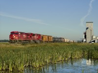 Train 454 from Saskatoon to Winnipeg on CP's north line passes an elevator just west of the town of Langenburg