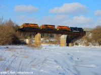 The Breslau bridge over the Grand River has been a <a href=http://www.railpictures.ca/?attachment_id=22766 target=_blank>popular (Glenn Courtney)</a> | <a href=http://www.railpictures.ca/?attachment_id=16438 target=_blank> spot (Arnold Mooney) </a> for photographers going back decades. It has also been a point of contention with a slow order going back about a decade or two. GEXR/Metrolinx started fixing the bridge up last year, and after adding some handrails to the east side (leading to the east pier) the handrails are all gone and the slow order is no more - to my and crews delight. You can also see the result of the new construction on the east pier.<br><br>Also, when was the last time GEXR 432/1 was all orange? I can still count on one hand how many times this has happened since G&W paint arrived. Back when winter was a thing, I made sure to get out there and get what I think is the best juxtaposition of G&W's scheme: Blue skies, white snow, and orange locomotives.<br><br>Here's a photo of mine from 2015 of GEXR <a href=http://www.railpictures.ca/?attachment_id=17812 target=_blank> all yellow </a> with one of our favourite hoggers at the throttle. Compare the piers in this shot.