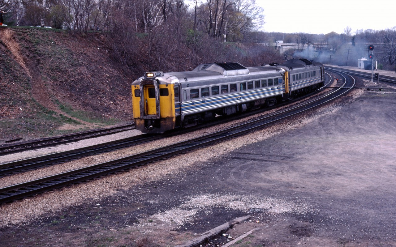 VIA RDC1 6115 leads another RDC through Bayview with a westbound passenger in the spring of 1981.