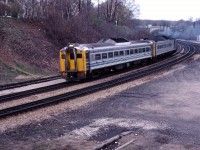 VIA RDC1 6115 leads another RDC through Bayview with a westbound passenger in the spring of 1981.