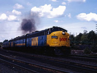 An eastbound VIA departs Sudbury during the summer of 1980. (This appears to be the Super Continental, based on the use of former CN power. Undated--processed in October 1980.)