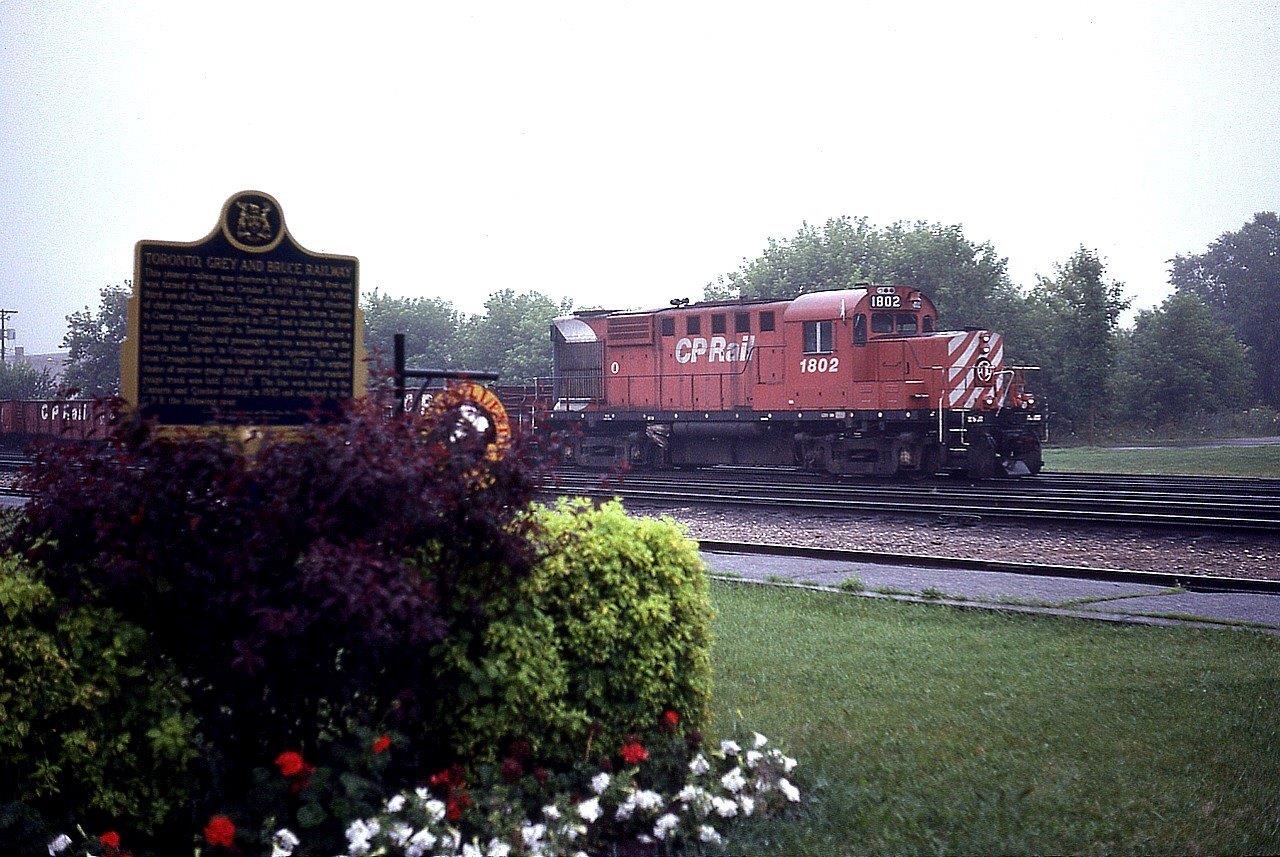Well, with the potential loss of the Orangeville-Brampton (OBRY)imminent the thoughts of CP taking back the Orangeville line could be floating around, but I rather doubt they will. The line might just end up being a total loss here. (comments welcome).  Anyway, this shot from 35.5 years ago, in the pouring rain, on a Wednesday day off from work is now historic, as is the old RS-18. The unit was converted to a control cab, (1116) a number of years ago.