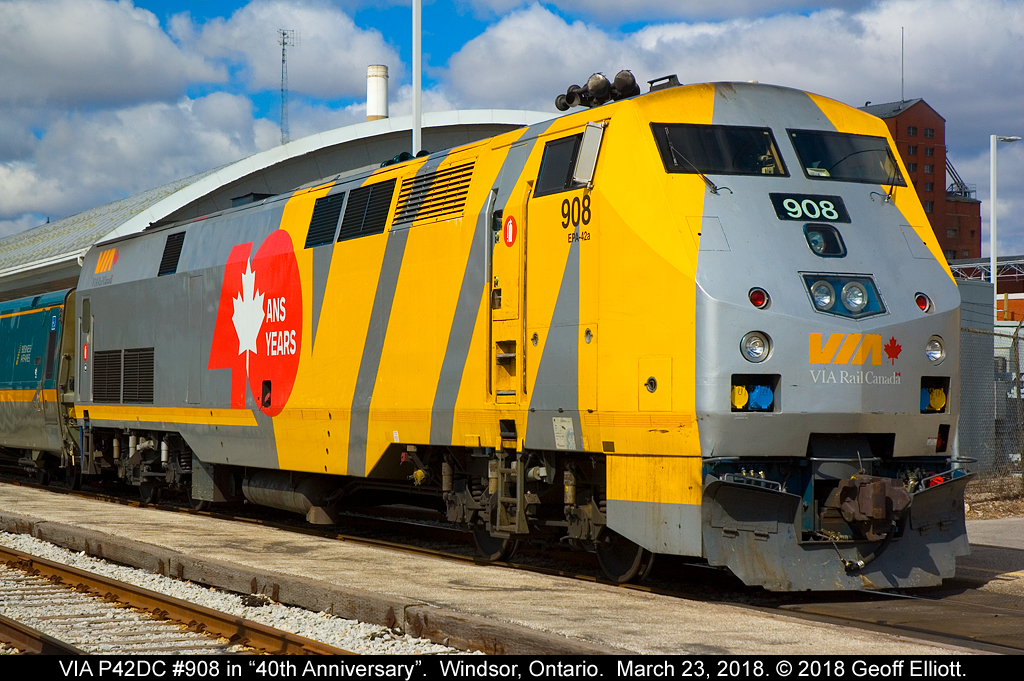 Not as fresh of a 'wrap' as we had yesterday, but 908 looks pretty clean while it sits in Windsor on March 23, 2018 waiting to depart as the leader of Train #76.  I think the "40" looks better on the F40PH-2D's than on the GE's, but that's just my opinion.