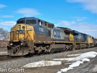 CN 327 with an eclectic combination of two CSX and one UP unit rounds the curve at Ste Annes on its way to Coteau Jct, Quebec.