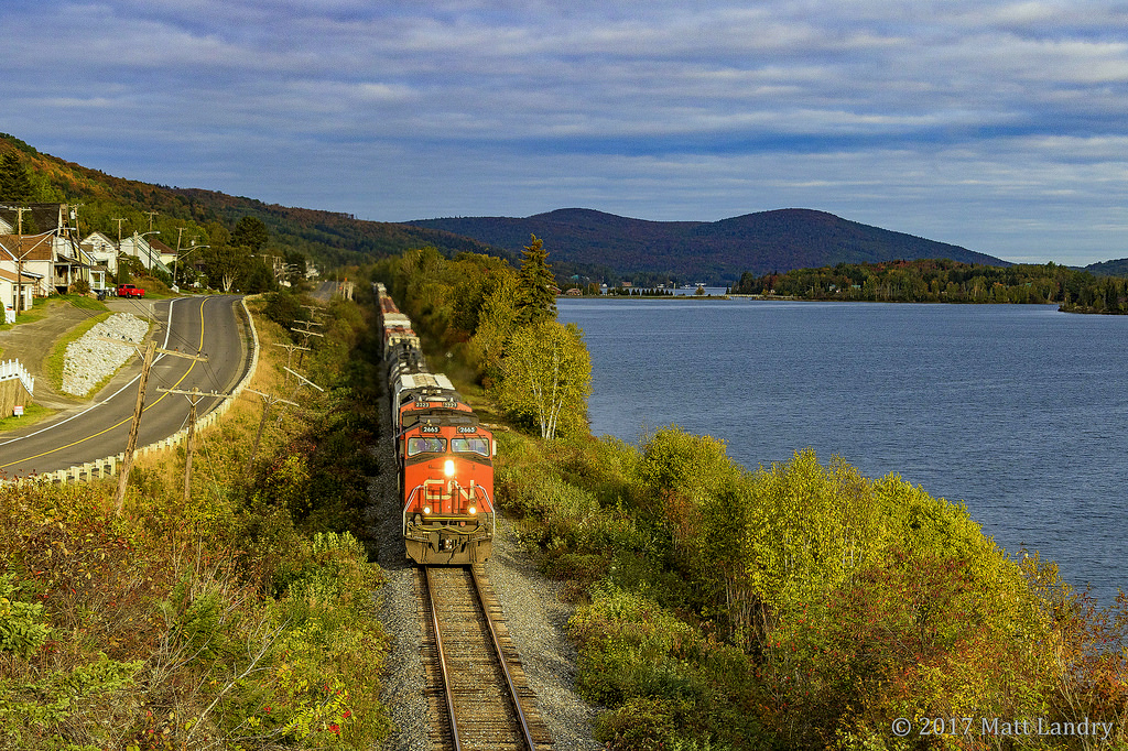 CN 2665 leads an X474 eastbound, as they pass by the scenic Lac Baker, New Brunswick, in some nice early morning light. The Fall colors in this area haven't hit as much as I was hoping they would have at this time, compared to last year.
