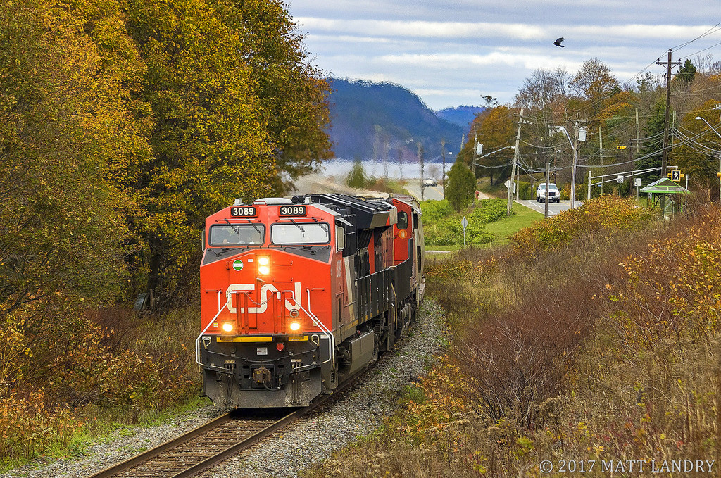 CN 3089 leads potash train B730, as they round the bend at Renforth, New Brunswick.
