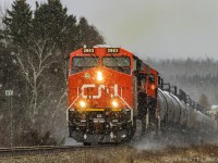 During a small snowfall, CN 2993 leads westbound train 406, as they rumble through Passekeag, New Brunswick. 