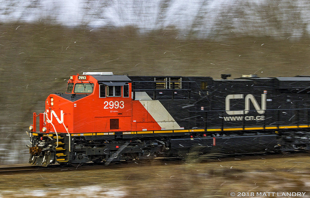 Panning CN 2993 westbound, with a few flurries starting to fall.