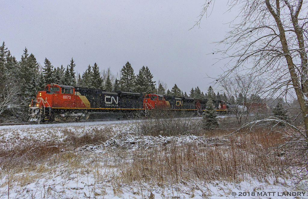CN 8873 leads a westbound mixed freight, as they rumble through Passekeag, New Brunswick, during a snowstorm.
