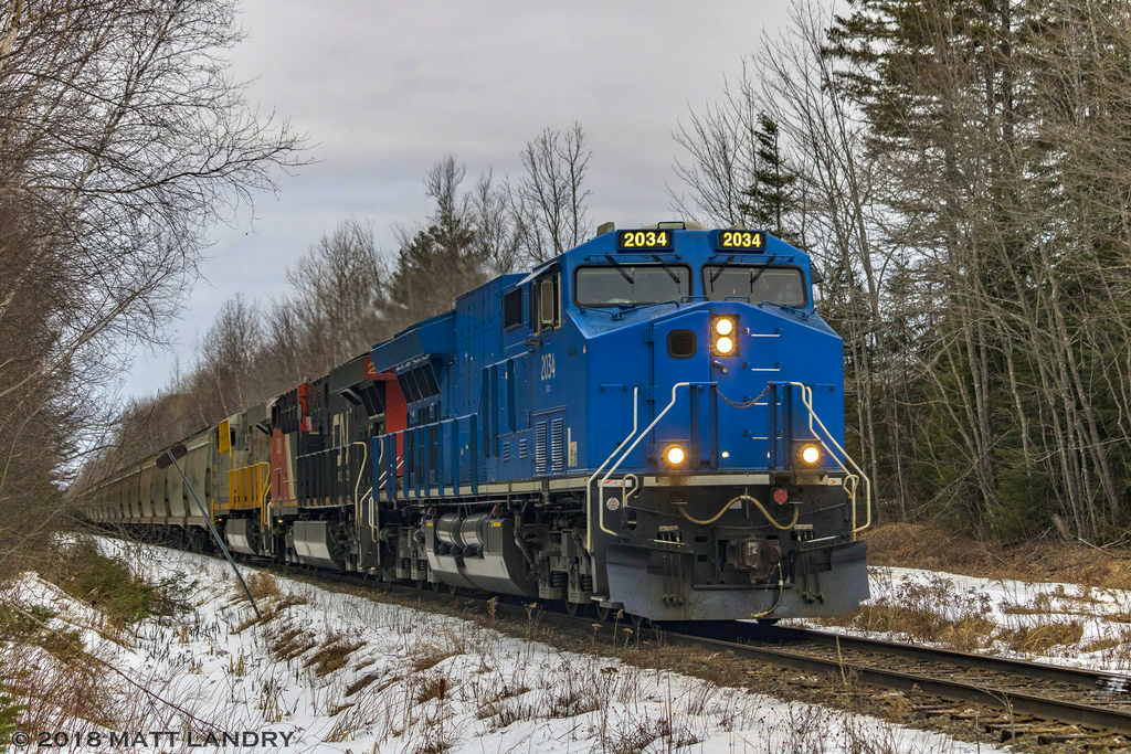 GECX 2034 leads a stellar lashup, with CN L594's train, eastbound, at Allison, New Brunswick, approaching Fundy, where they will enter CN's Gordon Yard. CN 2851 and CREX 1510 make up the rest of the lashup. I had to wake up at 4am for this shot, but it was worth it.