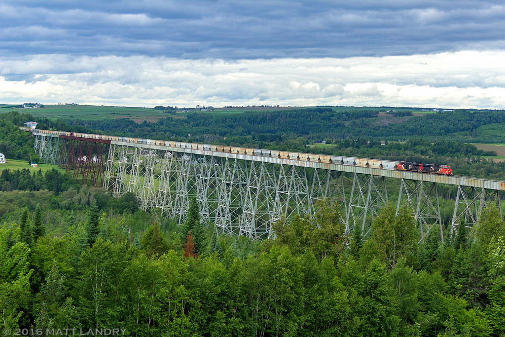 THE BIG TRESTLE CN 2821 leads a B730 potash train as they cross over the 3,920 foot Salmon River Trestle on an overcast morning. This was a new vantage point for me to shoot at, and It's worth the trek. My closer up shot of this train can be found RIGHT HERE.