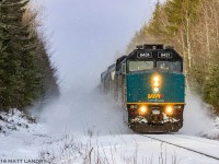 VIA eastbound 14, "The Ocean" passes through Cannan Station, New Brunswick, approaching Pacific Jct. This train features the last Budd car set of the 2016 holiday season. Amidst all the snow flying, the Budd set is there....