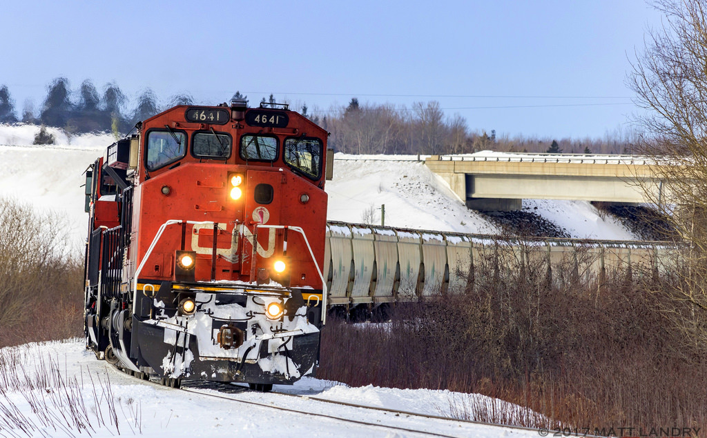 A rare daylight run, BCOL 4641 leads a small eastbound "594" potash train, as they pass underneath highway 1, approaching Sussex, New Brunswick.