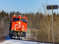 CN 2981 leads a potash train towards Saint John, rounding the bend at River Glade, New Brunswick. 