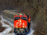 CN 2981 leads a potash train, as they round the S-Curve at Nauwigewauk, New Brunswick. 