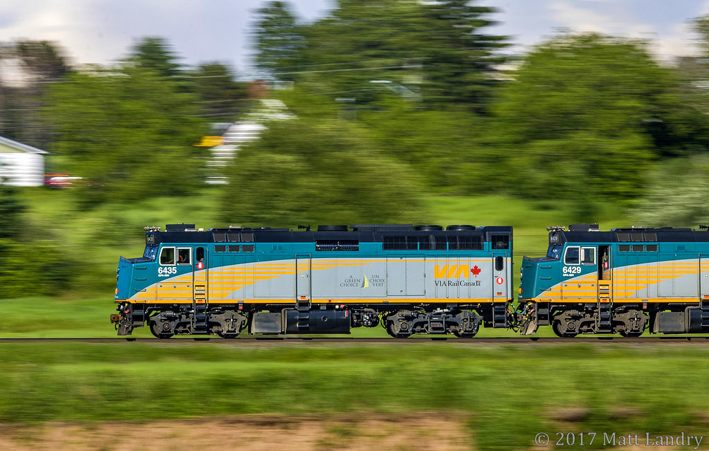 VIA 6435 leads a late VIA 15, westbound "Ocean", as they head through Memramcook, New Brunswick, running about an hour late. Probably one of my better pan shots that I've taken so far.