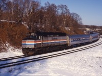 Prior to the January 1990 VIA cuts, the International ran through Bayview, rather than over the Guelph sub. Here we see Amtrak F40PH 264 leading the No. 81 as it enters the Dundas subdivision...next stop Brantford!