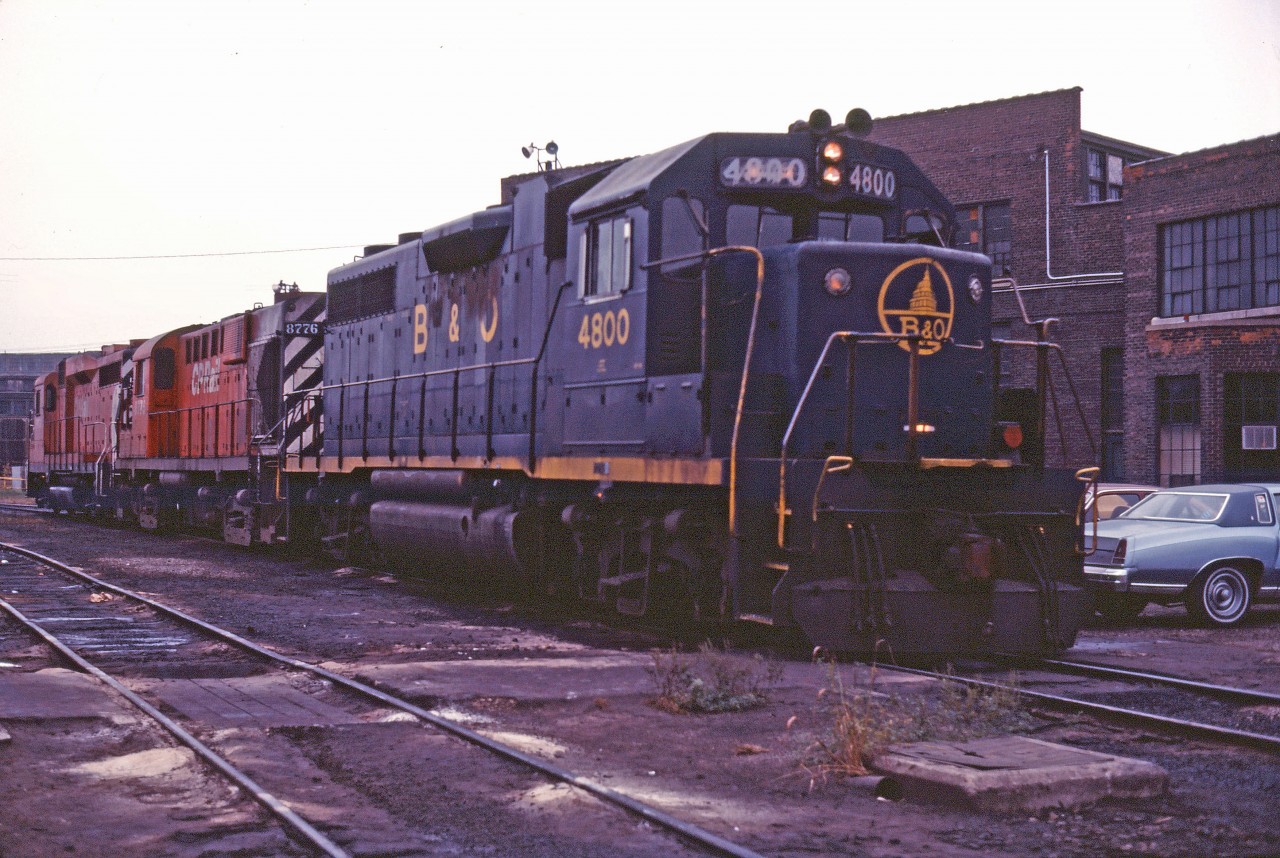 On a snow-less day during the winter of 1984-85, an interesting consist idles at the TH&B Chatham Street roundhouse in Hamilton--B&O GP38 4800, CP RS18 8776, and GP30 5000! Back in the mid-1980s, a visit to the roundhouse was almost always worth the time.