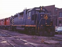 On a snow-less day during the winter of 1984-85, an interesting consist idles at the TH&B Chatham Street roundhouse in Hamilton--B&O GP38 4800, CP RS18 8776, and GP30 5000! Back in the mid-1980s, a visit to the roundhouse was almost always worth the time.