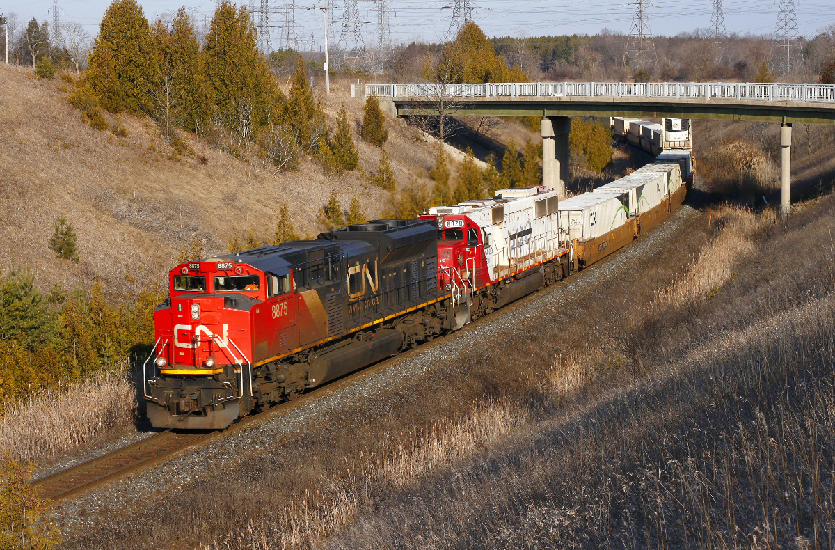CN X108 coasts down the York Subdivision with 8875-CEFX6020 for power. CN will use just about anything they can get their hands on these days.