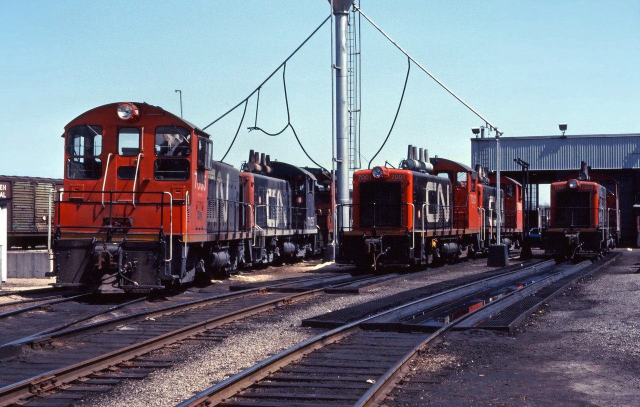 A mixture of SW9 and SW1200 units congregate outside the diesel shop at Stuart Street yard. In the picture we see the 7005, 7035, 1316, 7001, 7006 and 7009. The 7035 has recently been transferred from the Lakehead Division to Hamilton to replace MLW S4 switchers which are now being retired.