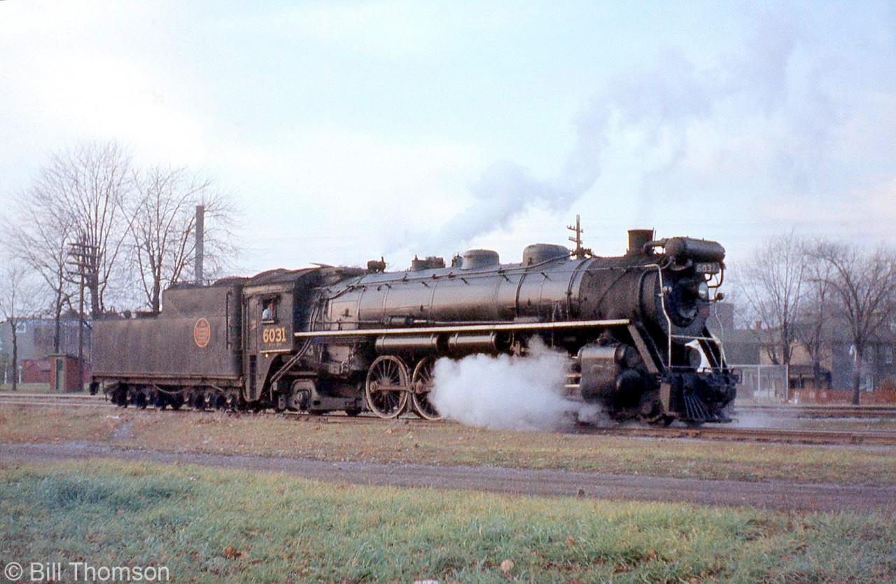 CN 4-8-2 Mountain 6031 heads for the engine house at Stratford in 1955. Built by CLC in 1924 as part of the U1b class (6016-6036), she was retired and scrapped in 1959.