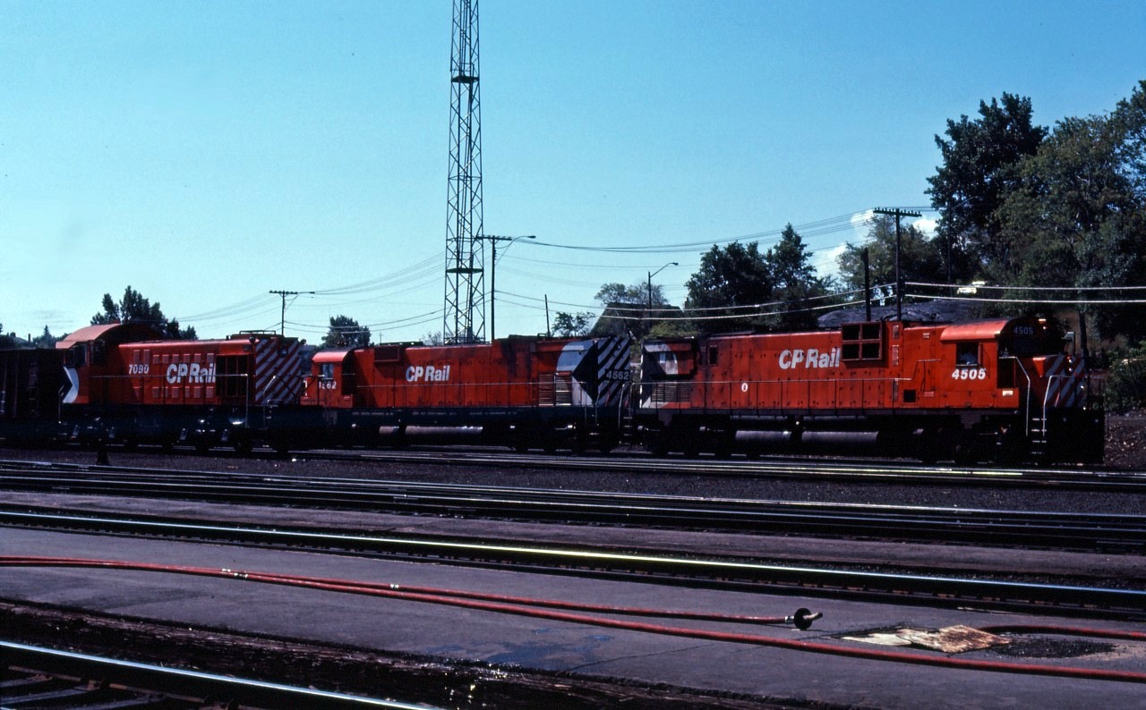 Thirty-one years after leaving Montreal Locomotive Works, S-2 7090 continues to do the work for which she was built at the yard in Sudbury, Ontario. Two younger sisters, C630m 4505 and M630 4562, prepare to take a transcontinental freight out of town.