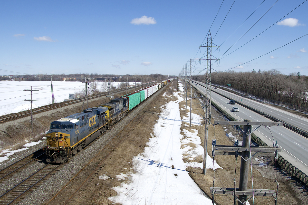 CN 327 with CSXT 5338 & CSXT 506 for power has only 41 cars as it speeds west along the Kingston Sub; the hot box detector just east of here clocked the train doing 61 mph.