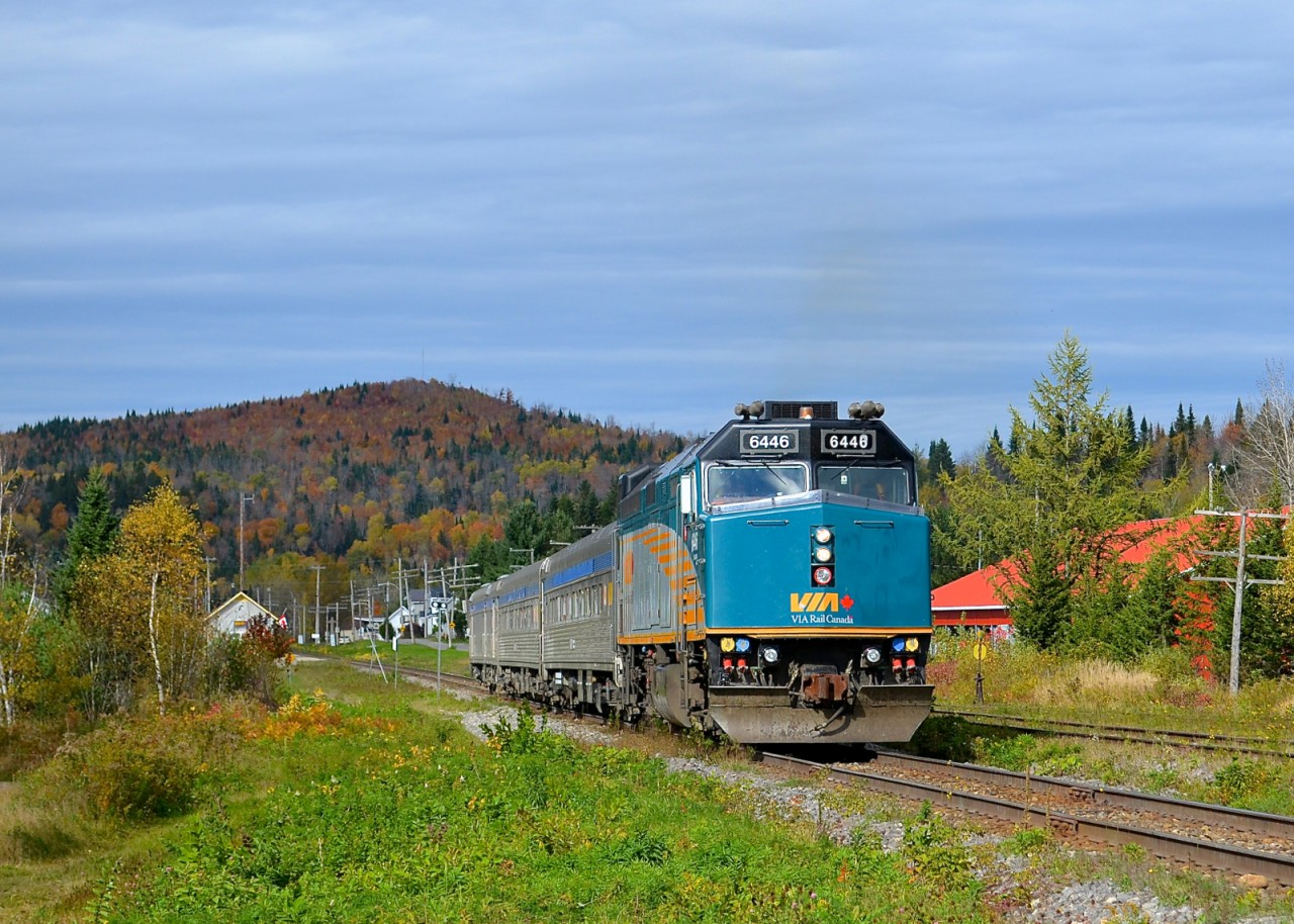 VIA 600 is leaving Rivière-à-Pierre after making its stop at the station, seen in the distance. This train originated in Jonquière in northern Quebec and is bound for Montreal. At Hervey Jct it will join with VIA 602 from Senneterre for the rest of the run to Montreal.