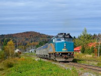 VIA 600 is leaving Rivière-à-Pierre after making its stop at the station, seen in the distance. This train originated in Jonquière in northern Quebec and is bound for Montreal. At Hervey Jct it will join with VIA 602 from Senneterre for the rest of the run to Montreal.