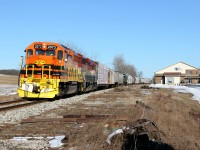 GEXR 582 heads back to Stratford, after doing work in Kitchener and Guelph, with GEXR 2073 and RLK 4095 on the point. It is pictured rounding the bend through the village of Petersburg west of Kitchener on this fine St. Patrick's Day 2018. Note the evidence of the former siding track, now removed. Not sure if this siding was used much during GEXR operations but for a while after the line was leased to GEXR from CN, the CN Petersburg sign and siding remained.