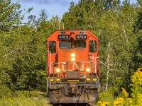 CN 4703 is lite power, as they head towards CN's Gordon Yard in Moncton, New Brunswick, to pick up their train and head back north towards Miramichi, New Brunswick. 