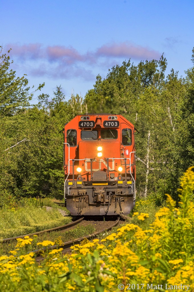 CN 4703 is lite power, as they head towards CN's Gordon Yard in Moncton, New Brunswick, to pick up their train and head back north towards Miramichi, New Brunswick.