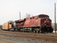 CP 8813 & CN 3026 Lead a very short train around the curve into Woodstock.