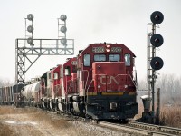 Just exiting Port Robinson yard and heading eastward is a nice combination of power at the head end of this #332 Buffalo NY to Toronto train. We have GTW 5900, GT 5849, 6222 and GTW 5920. Pair of SD40s sandwiching a pair of GP38-2s. And yes, I chased it.