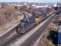This is a view of B&O 4815, C&O 3885 and 4828 being wyed at Chatham St in order for 4815 to head the TH&B's first Nanticoke out of Hamilton. Units had just been fueled and ready to go!