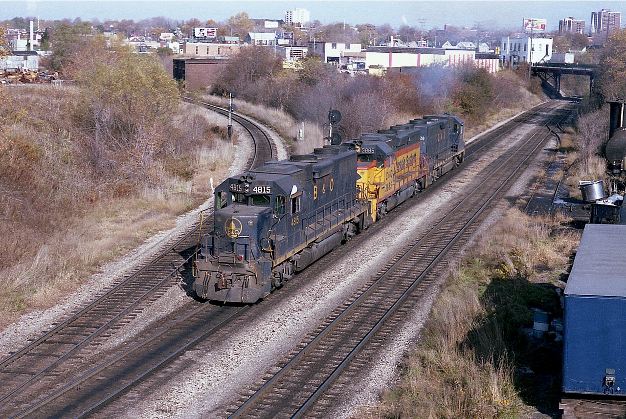 This is a view of B&O 4815, C&O 3885 and 4828 being wyed at Chatham St in order for 4815 to head the TH&B's first Nanticoke out of Hamilton. Units had just been fueled and ready to go!