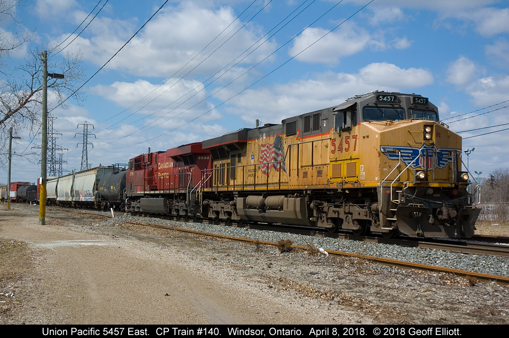 UP 5457 heads up CP Train #140 as it departs Dougal Ave. in Windsor, Ontario with a fresh crew and a clearance to Ringold.