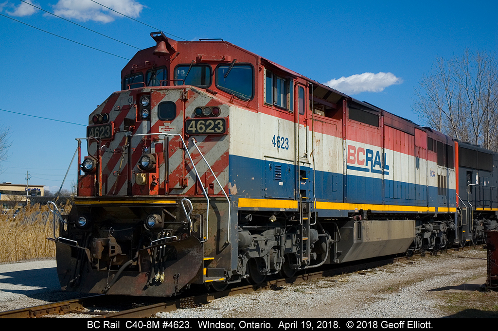 With only 1 CN train a day in and out of Windsor, Ontario, there isn't much assortment of power to shoot in Van de Water yard at any given time.  Normally 438/439 runs with a lone SD75I so to see it running with 2 units is a oddity.  To make it even 'odder', this past week it's been running with CN SD75I #5670 and BCOL C40-8M #4623. Here we have 4623 resting in the late afternoon before it's call to head out on train #438.   Too bad it's on the west end of the power as it only leads in the dark on 439.  Maybe the Gods will be nice and wye the power in London tonight for the trip back making it a nice morning pic in the yard.  One can only wish.....
