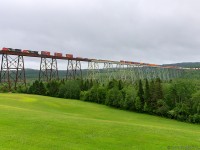 Recently painted (at that time) CN 8103 leads stack train Q121, as they cross the 3,920 foot Salmon River trestle at New Denmark, NB on Canada Day, 2016. 