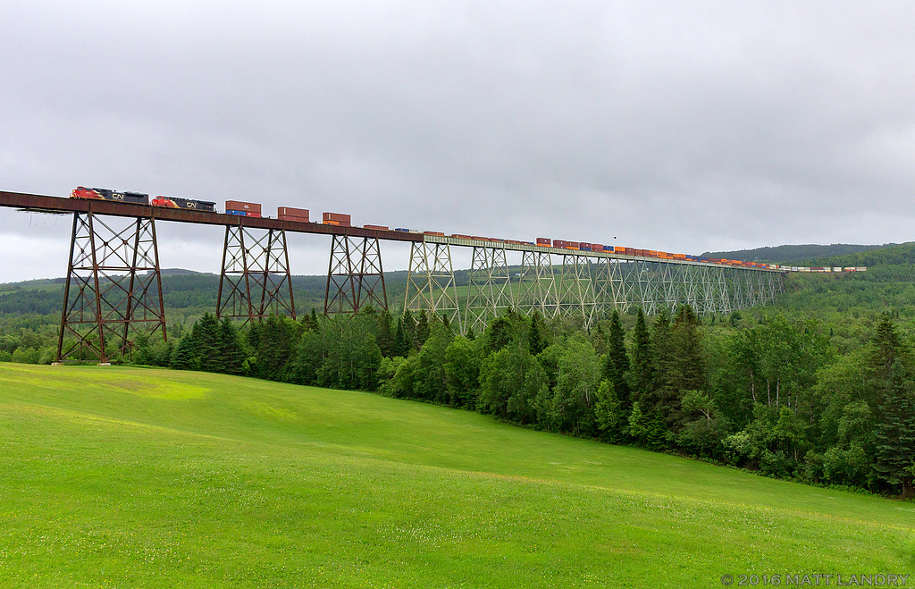 Recently painted (at that time) CN 8103 leads stack train Q121, as they cross the 3,920 foot Salmon River trestle at New Denmark, NB on Canada Day, 2016.