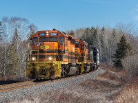 CBNS 3366 leads a short train towards the yard in Truro after picking up a cut of cars from Sproule lumber