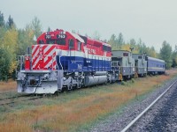 Early morning at Cotwood, working a Geometry Car from Williams Lake to Prince George. The 763 is all shiny and new, having been on the property only a month or two.Note the white flags, denoting that we were operating as a "Work Extra". Most likely we had taken the siding here for a meet with the southbound passenger train. With our work authority we could back out of the siding and test the main track northward from the south switch. Cotwood was a short 600 foot long siding, rarely used although it did come in handy for meeting the Budd Car.